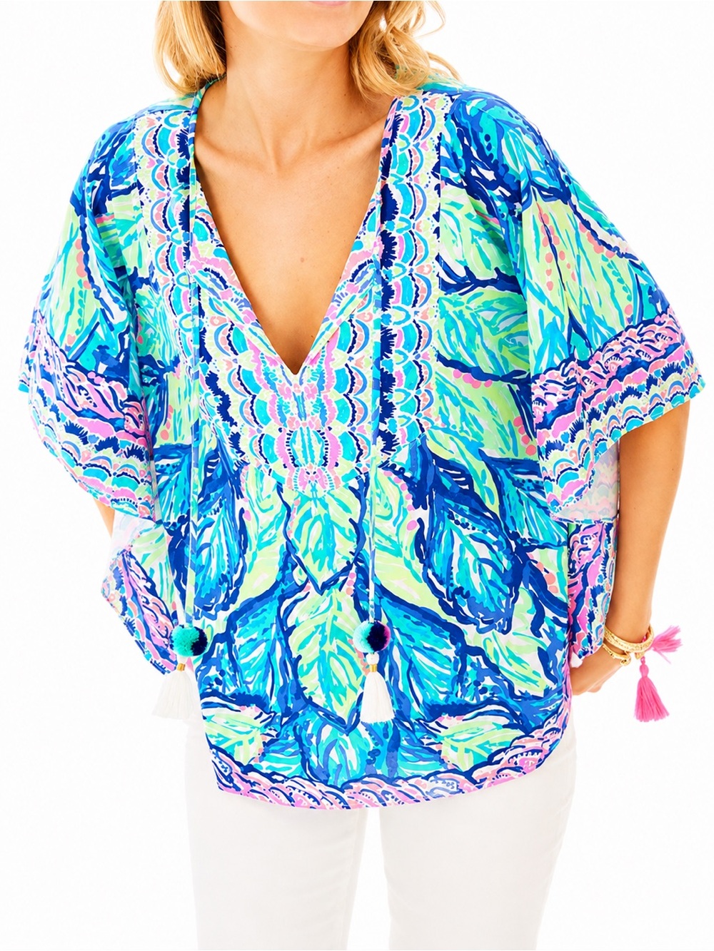 Lilly Pulitzer Britta Knit Tassel Tunic Top Preppy Floral Vibrant Womens XXS/XS